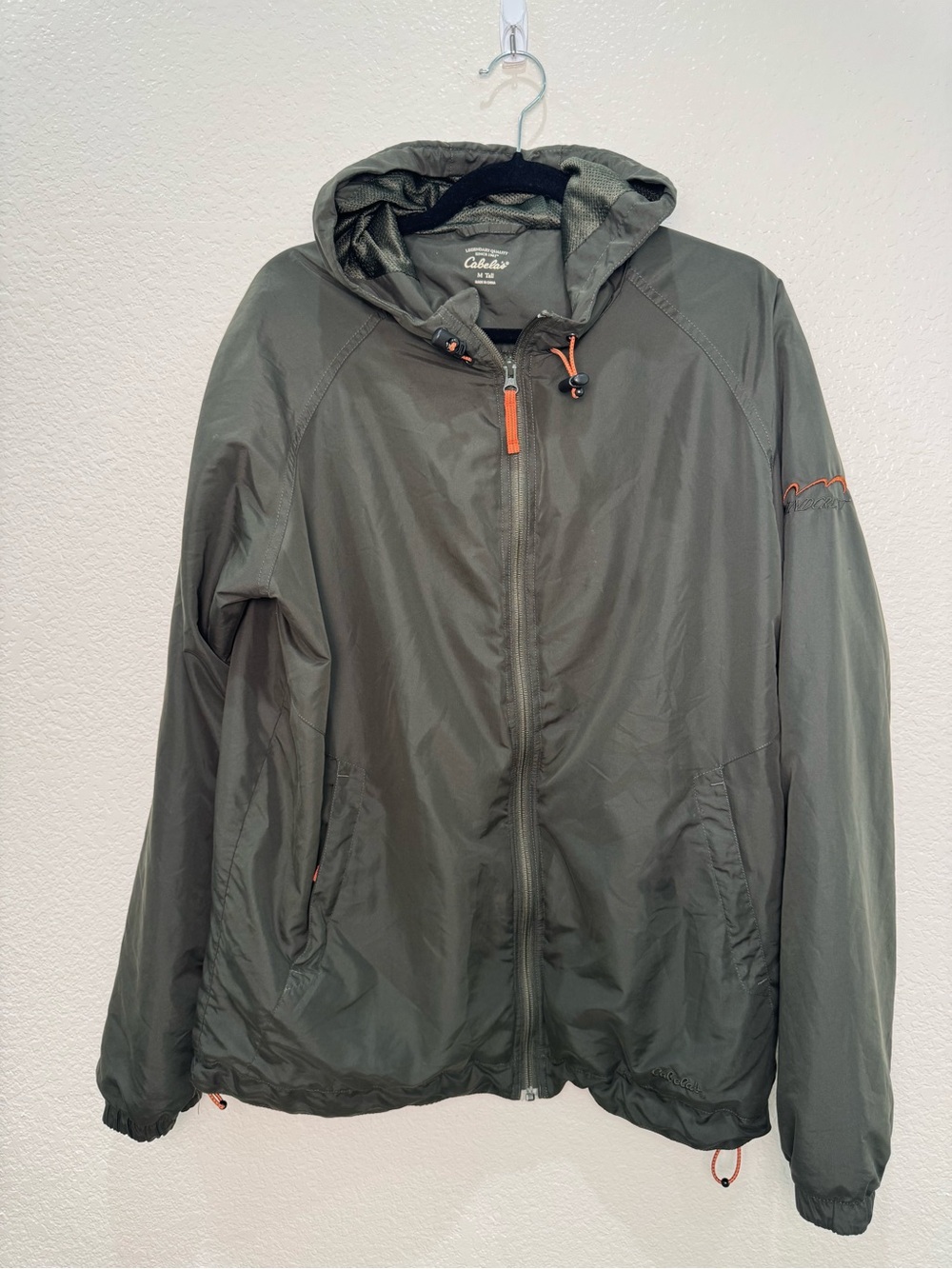 Cabela’s Mens Medium Tall Olive Hooded Windbreaker Jacket Lightweight Outdoor
